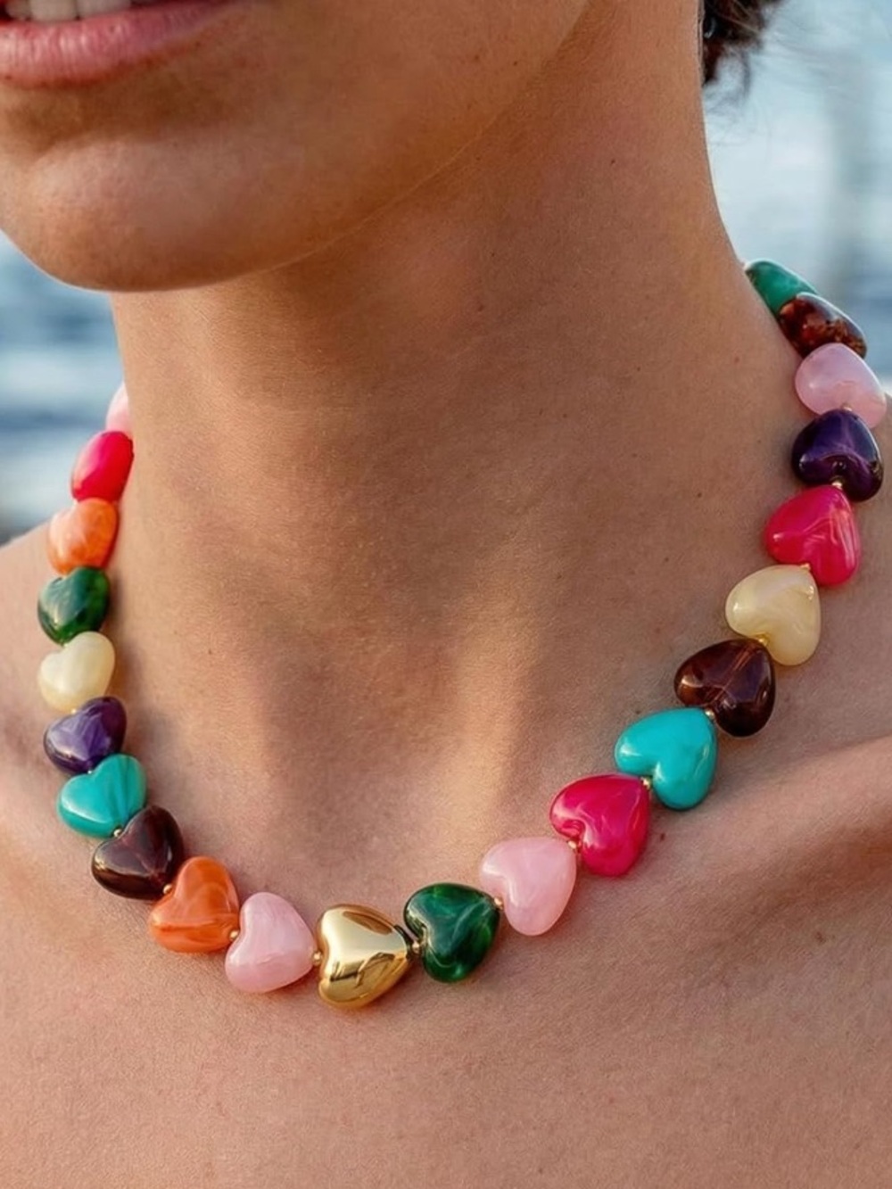 New! Multicolor Heart Bead Dopamine Marbled Necklace